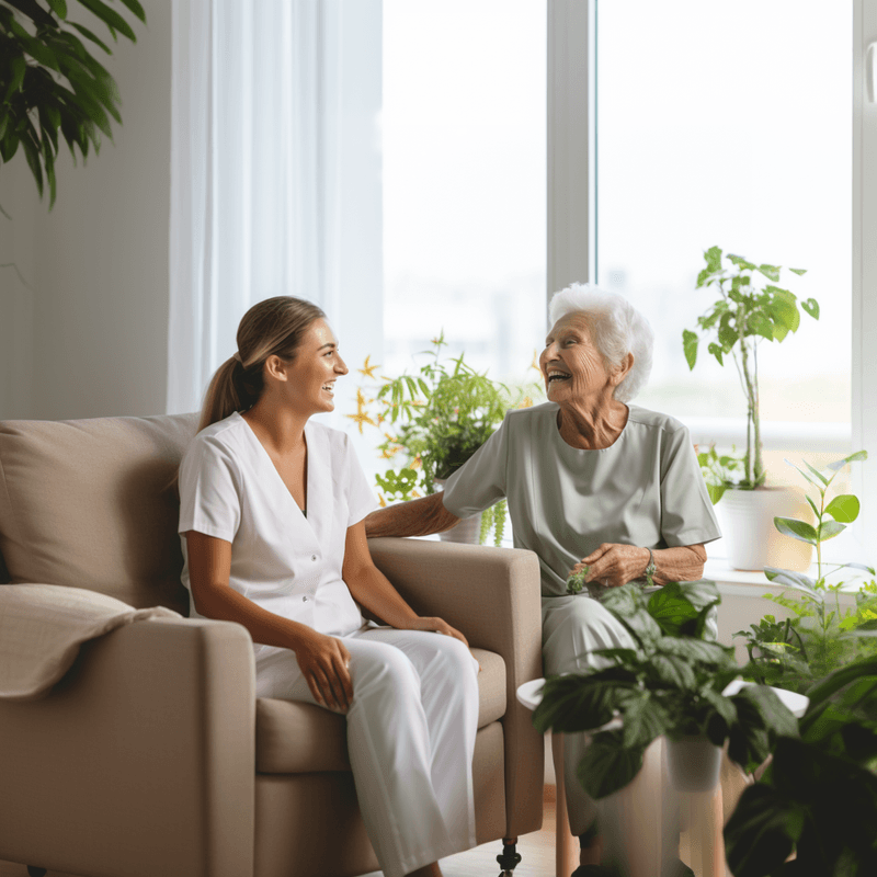 A nurse sitting with an older patient in a bright living room