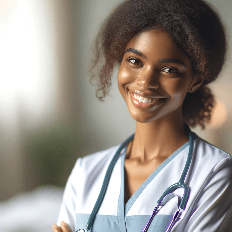 A smiling nurse in scrubs with a stethoscope